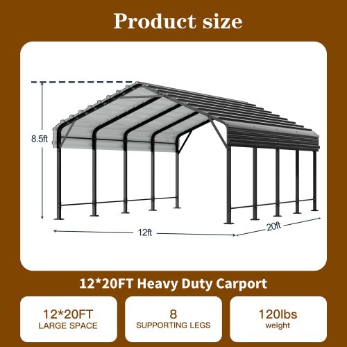 12 ft. W x 20 ft. D Metal Carport Steel Car Canopy with Galvanized Steel Roof - Image 9